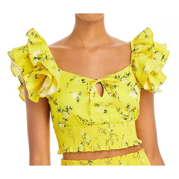Alice + Olivia Tops - Alice + Olivia Shanae Floral Print Smocked Ruffle Crop Top | Womens L, Yellow